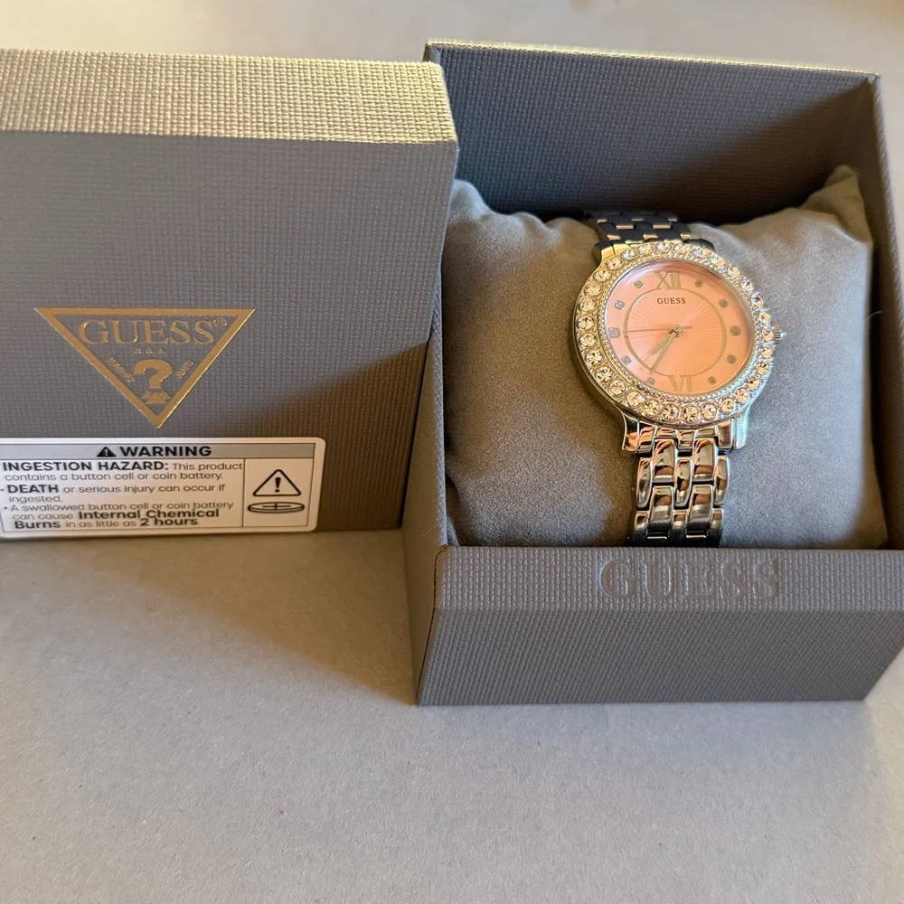 GUESS Silver Tone Bracelet Watch Pink Crystal Bezel Stainless Steel Women’s